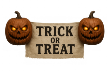 Two glowing pumpkins holding trick or treat sign on transparent background