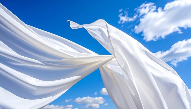 A billowing white fabric swirls gracefully against a vibrant blue sky dotted with fluffy white clouds. 