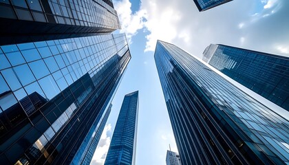 Low-angle perspective captures a cluster of modern skyscrapers, their glass facades reflecting the blue sky and scattered clouds. The composition emphasizes the height and geometric symmetry