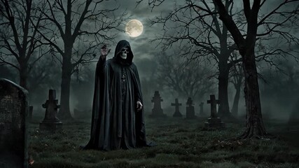 Creepy grim reaper with skull mask and dark cloak standing in a spooky graveyard with tombstones and bare trees under full moon, creating a haunting halloween scene - Powered by Adobe