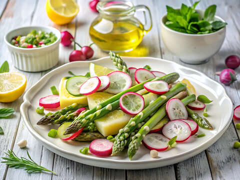 Delicious asparagus salad with potatoes, radish, cucumber, and lemon served on a white plate - Powered by Adobe