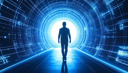 Silhouette of a person walking towards a glowing, futuristic tunnel. Lines of data and digital structures surround the path, leading to a bright light at the end. Reflective surface below