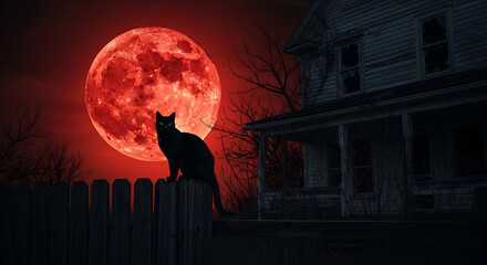Black cat on fence with red moon and haunted house