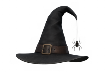 Witch hat with spider hanging on transparent background for halloween party decoration