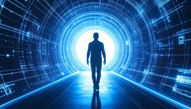 Silhouette of a person walking towards a glowing, futuristic tunnel. Lines of data and digital structures surround the path, leading to a bright light at the end. Reflective surface below