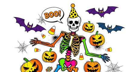 Cartoon halloween scene with colorful skeleton, pumpkins, bats, and candy corn