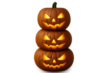 Three carved pumpkins stacked vertically, glowing for halloween, isolated on transparent background