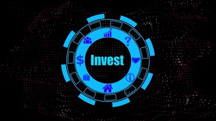 Blue gear with invest icons and text on dark background