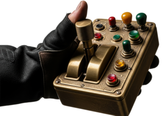 Sturdy gloved hand on aged brass control module with colorful bakelite toggles, strong high-contrast studio light, transparent background, ample copy space. Concept of vintage industrial control