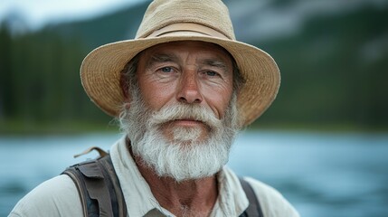 Mature Man with Beard Wearing Straw Hat by a Serene Lake