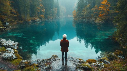 Serene Landscape with Person Gazing at Misty Lake Surrounded by Forest