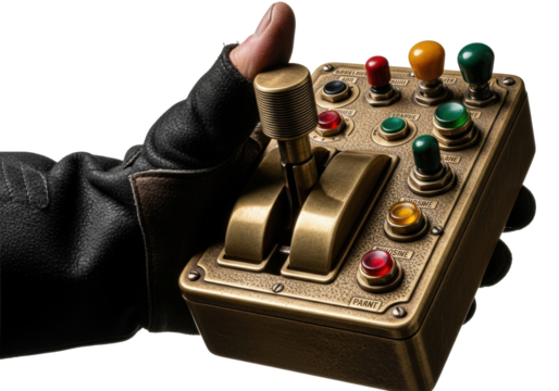 Sturdy gloved hand on aged brass control module with colorful bakelite toggles, strong high-contrast studio light, transparent background, ample copy space. Concept of vintage industrial control