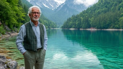 Elderly Man Standing by Serene Lake in Mountainous Landscape