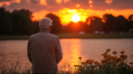 Elderly Man Enjoying Serene Sunset Over a Calm Lake Landscape