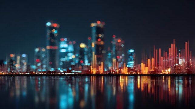 smart city and stats concept with growing digital graphs and diagram at abstract night city background double exposure no logos no brands ar 169