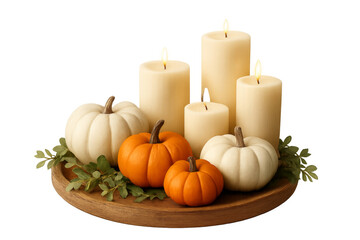 Burning candles and pumpkins creating a warm thanksgiving atmosphere on transparent background