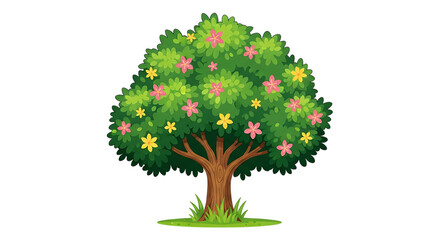 Fototapeta premium Cartoon blooming tree with pink and yellow flowers isolated on transparent background