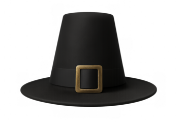Black pilgrim hat with golden buckle on transparent background