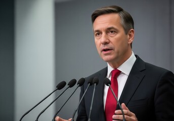 Political figure addresses audience using microphones, appearing focused and authoritative, wearing suit and tie, portrayed against minimal background