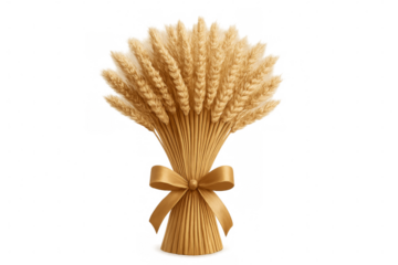 Sheaf of wheat tied with golden ribbon on transparent background