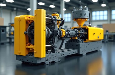 Industrial machinery for plastic injection molding. Yellow, gray machine features precision engineering for part creation. Hard-wearing construction ensures continuity in production. Essential for