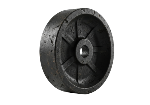 Heavy-duty industrial wheel, grimy charcoal black, rugged cast iron, deeply pockmarked with wear, isolated on a transparent studio background with negative space, industrial strength concept
