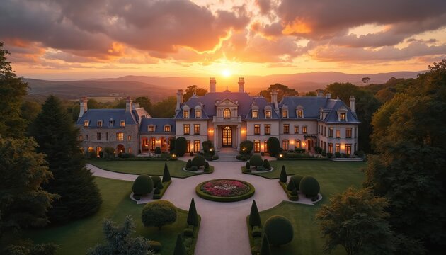 Luxurious mansion estate with landscaped gardens at sunset. Grand architecture, elegant residence with scenic countryside views. Upscale property featuring manicured lawns, trees, winding driveway