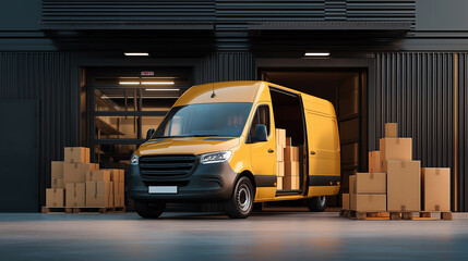 Outside of Logistics Warehouse with Open Door, Delivery Van Loaded with Cardboard Boxes. Truck Delivering Online Orders, Purchases, E-Commerce