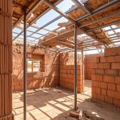 Interior of under-construction building, showing brickwork and scaffolding