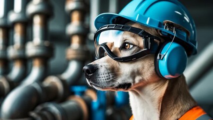 Dog wearing blue safety helmet, protective goggles, and earmuffs in industrial environment with pipes in background showing workplace safety