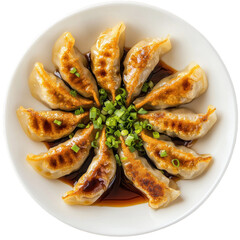Delicious Pan-Fried Dumplings with Soy Sauce and Green Onions in a Bowl on transparent background