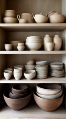 A shelf full of bowls and plates of various sizes and colors