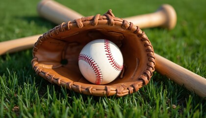 Baseball ball sits in leather glove on green grass. Wooden bat rests diagonally in background. Classic sport equipment evokes summer recreation and American pastime.