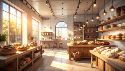 A bright and inviting bakery interior showcases rows of freshly baked loaves against wooden counters and shelving.