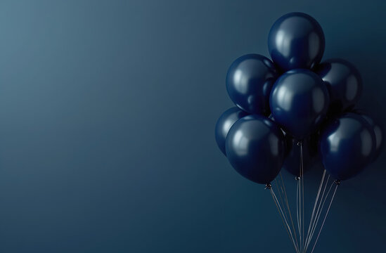 Dark blue balloons cluster floating against minimalist dark background. Shiny, glossy, smooth spheres convey elegance, celebration. Monochrome, tranquil atmosphere perfect for birthdays,