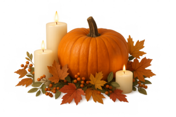 Pumpkin, candles, and autumn leaves creating a warm thanksgiving atmosphere on transparent background