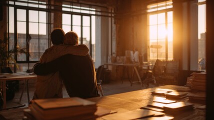 Obraz premium Warm sunset office embrace capturing comfort and friendship in a creative workspace