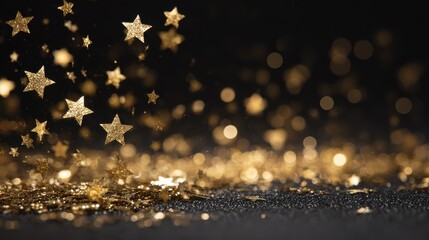 Naklejka premium golden stars and glittering bokeh lights on a black background creating a luxurious and festive atmosphere a perfect backdrop for cinematic achievements gala nights and commemorative milestones
