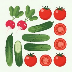 Fresh Vegetables Radishes with Cucumbers, and Tomatoes.