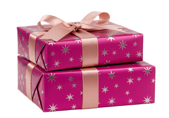 Isolated stack of magenta gift boxes tied with pastel ribbon against a neutral backdrop