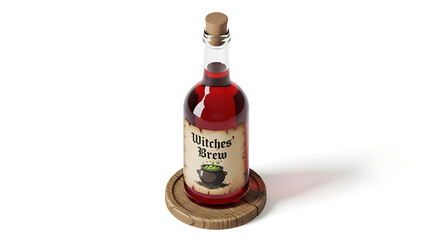 Bottle of witches' brew on a wooden coaster