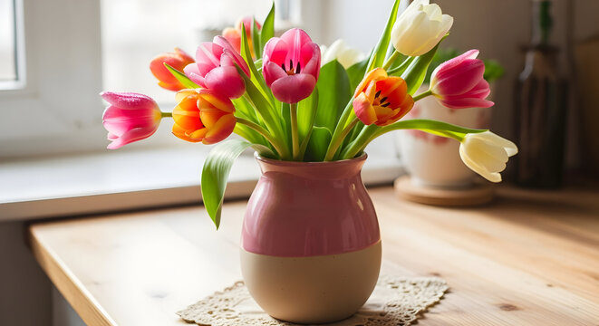 Colorful tulips arrangement in a pink vase on a wooden table near a window - Powered by Adobe