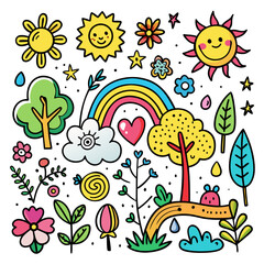 Obraz premium Cute handdrawn doodle illustration of a sunny day with a rainbow, clouds, trees, flowers, and a happy sun