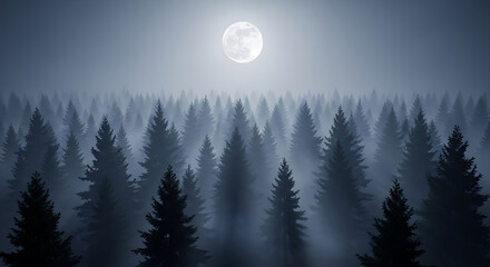 Full moon over foggy forest of pine trees
