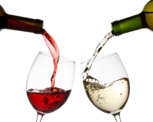 red and white wine poured from a bottle into wine glass on white background, isolated