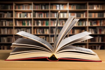 Reading book with open pages on library background