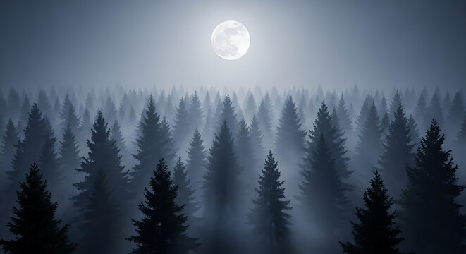Full moon over foggy forest of pine trees