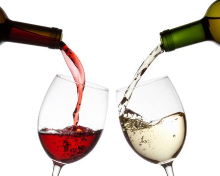 red and white wine poured from a bottle into wine glass on white background, isolated