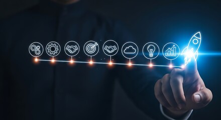 Business Launch Concept With Rocket And Icons Representing Growth, Innovation, And Success