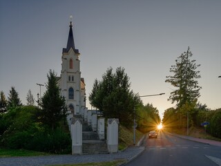 View of the Chapel of the Holy Cross &ndash; Calvary in Pelhřimov, setting sun, September evening